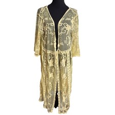 Boho Yellow Lace Cottagecore Embroidered Duster Cardigan Swim Cover Medium