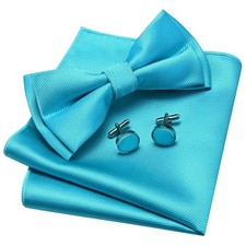 Mens Solid Color Two Layer Pre-tied Bow Tie and Pocket Square Turquoise Blue