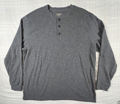 LL Bean Mens Long Sleeve Thermal Henley Shirt Waffle Knit Gray 2XLT