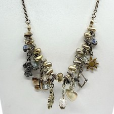 Vintage Silver Tone Multi Charm Necklace Sun Heart Butterfly Celestial Bead Boho