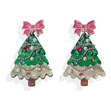 Glitter Christmas Tree Drop Earrings with Pink Bow Posts