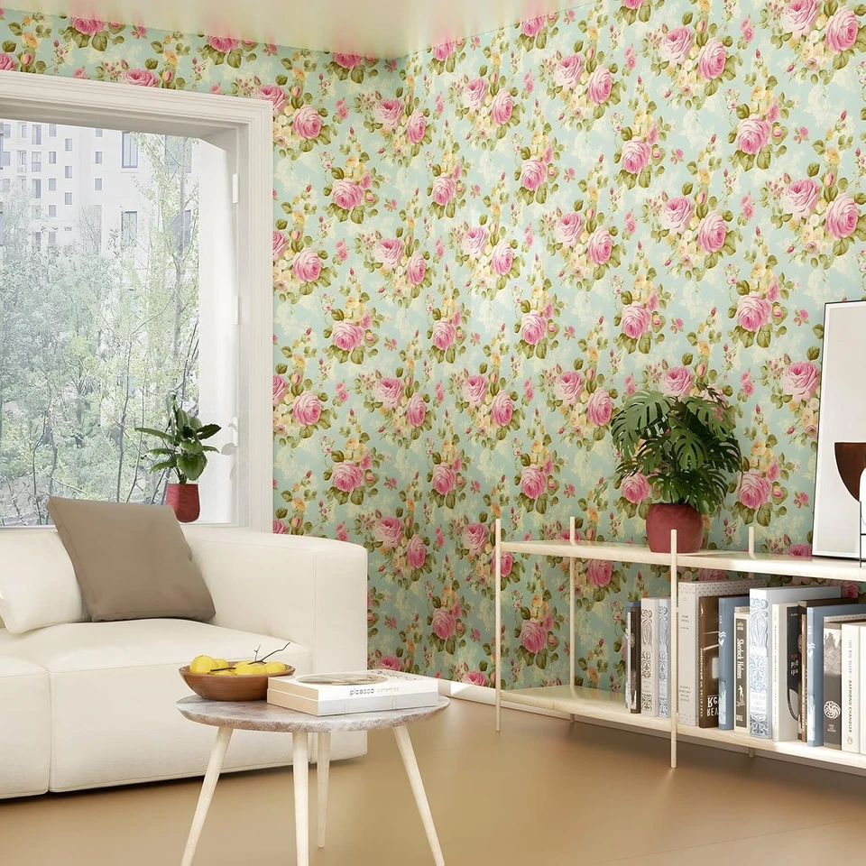 Papel pintado rosa azul pelar y pegar boho 17,5 x 118", azul, rosa Foto 2 de 4