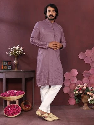Ensemble Kurta Pyjama Homme Ethnique Prêt à Porter Coton Doux Violet - Photo 1/4