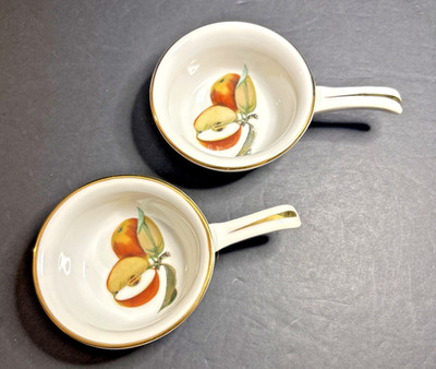 Royal Worcester Evesham Gold  Cocotte w/Handle Apple Pattern Gold Trim Set/2