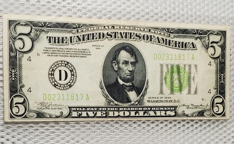 1934 $5 Federal Reserve Note LGS Light Lime Green Seal Cleveland, OH Nice Note - Image 3 of 4