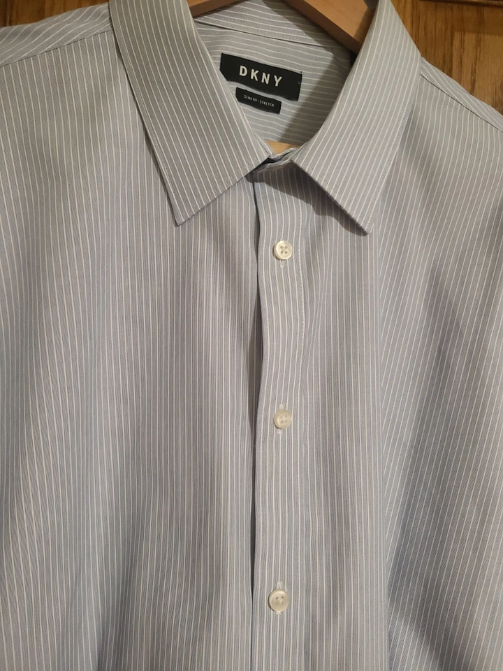 DKNY Slim Fit Stretch Cotton Dress Shirt Blue & White Stripe Size 17.5 34-35 - Image 2 of 4