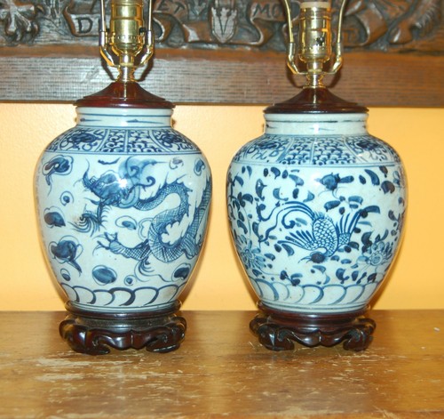 Chinese GINGER JAR LAMPS Pair Blue & White Dragon Phoenix Vases Porcelain