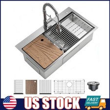 Drop in Single Bowl Kitchen Sink ,Stainless Steel Sink Pull-Out Spring Faucet