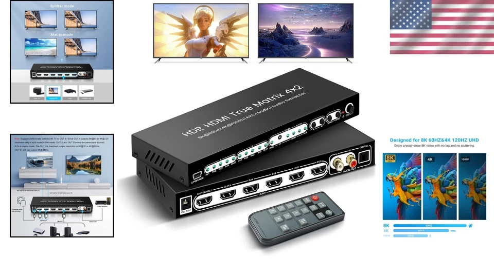 HDMI Matrix 4x2 8K 60Hz Splitter Switch with Remote Control - Image 2 of 4