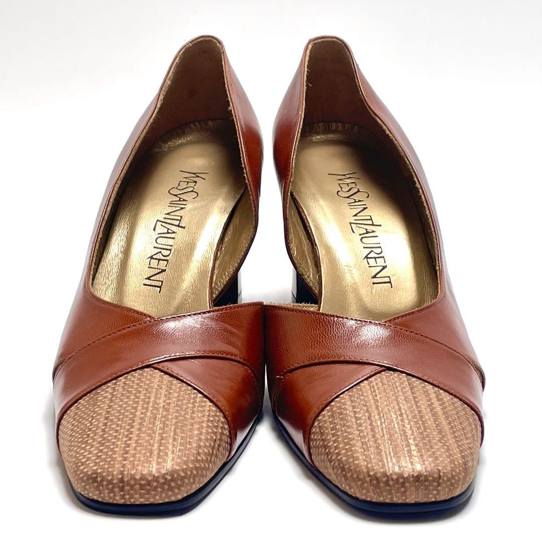 Decolte Saint Laurent tacco YSL EU34 5 US4 5 pelle marrone punta quadrata 09774a