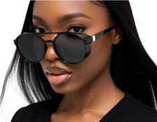 Round sunglasses side shield Goggles Windproof Steampunk Style Classy Black Lens