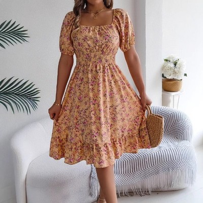Women Square Neck Dress Puff Short Sleeve Floral Ruffle A-line Off-shoulder  | eBay