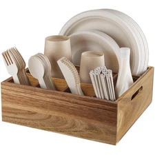 ALELION Acacia Wood Utensil Holder for Party - Paper Plate Organizer for Coun...