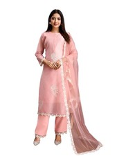 Women's Chanderi Cotton Silk with Yoke Embroidery Kurta  Silk Crepe Pant Set