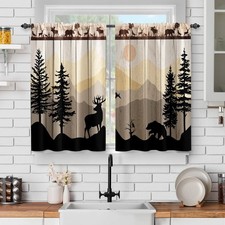 Forest Animal Cabin Kitchen Curtains Sunset Country Bear Deer Nature Printed ...