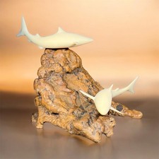 Vintage John Perry Shark Duo Sculpture Burl Wood Nautical Beach Decor