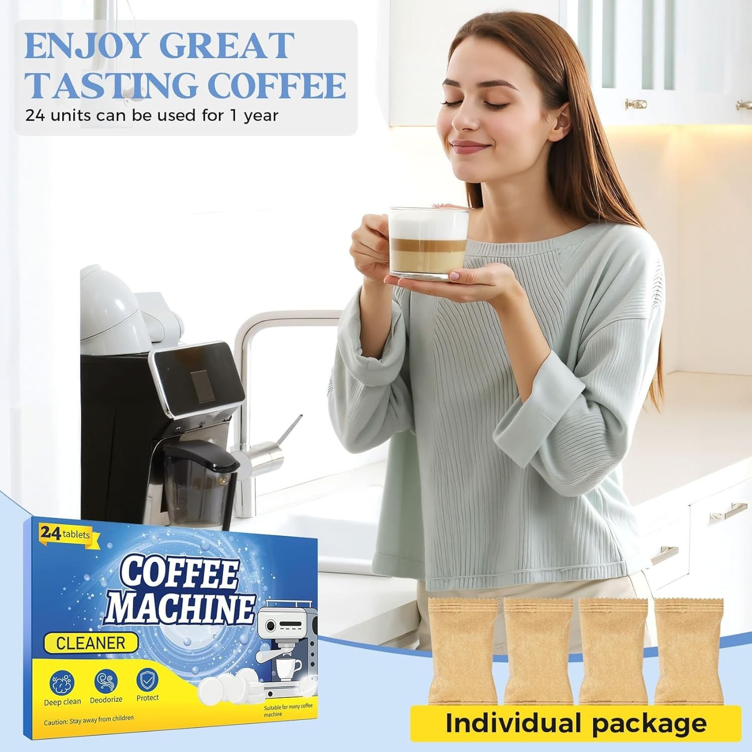 Coffee Maker Cleaner Descaler Tablets, 24 Counts Machine Cleaning Tabs, Works wi