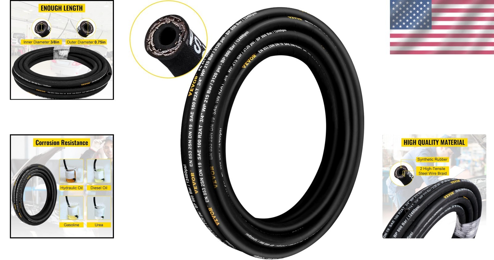Coiled Hydraulic Oil Hose, 100 Ft, 2 Steel Wire Braid