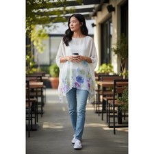 Elena Baldi Made in Italy SILK Floral Poncho Top White Watercolor Sz L Artsy