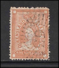 M27003 Australia Queensland 1871 5/- Orange/Brown Fiscal Good Used SgF21 Cat£250