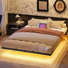 HOOBRO Floating Bed Frame Queen Size Bed Frame w/Charging Station and LED Lights