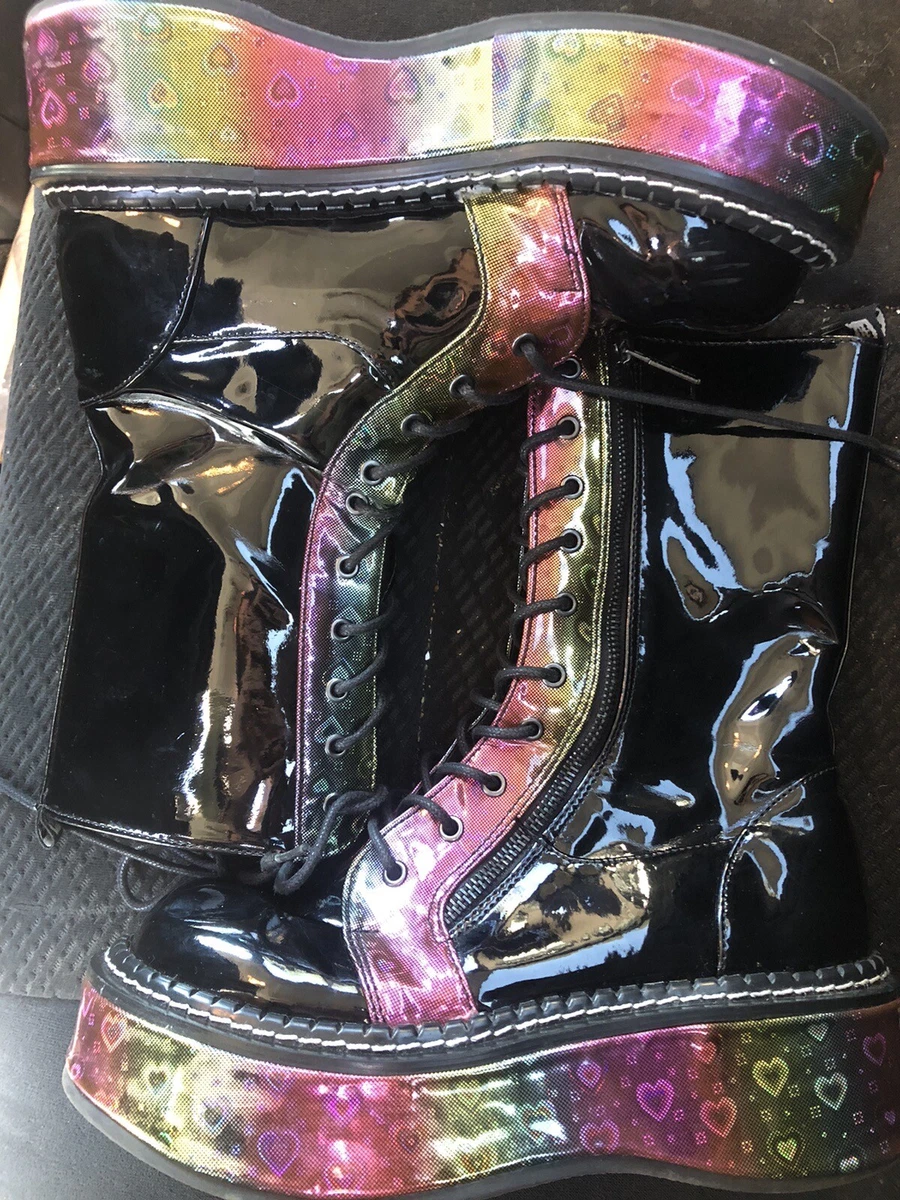 Demonia EMILY 350 Black Platform Boots with Rainbow Heart Pink