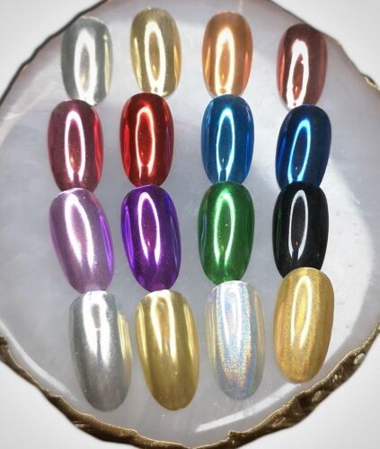 Miroir chrome poudre à ongles holographique argent rose or rose violet bleu paillettes - Photo 1/25