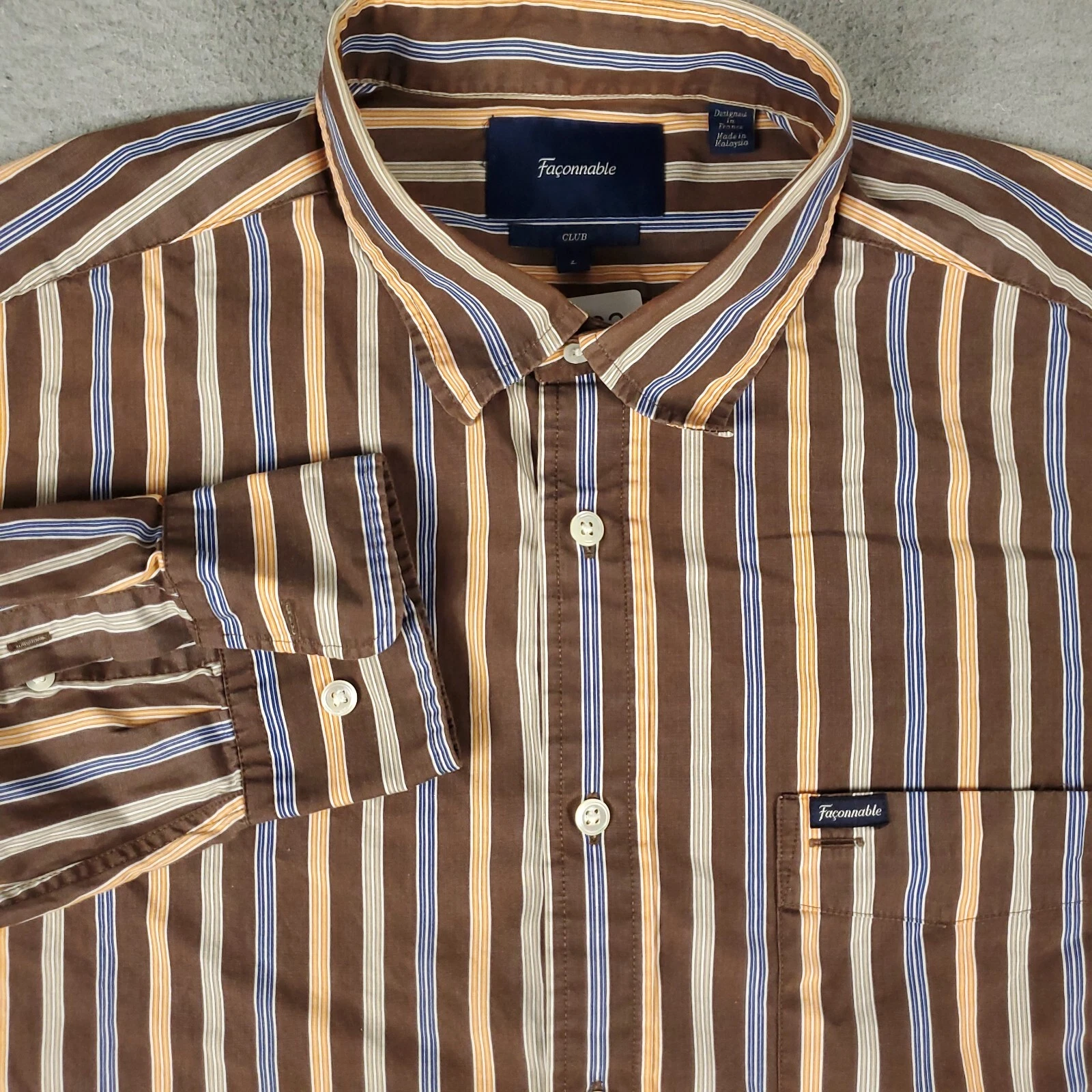 Faconnable Shirt Mens Size Large Brown Striped Casual Button Up Long Sleeve