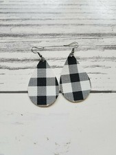 BLACK  WHITE BUFFALO PLAID teardrop Earrings faux leather fabric