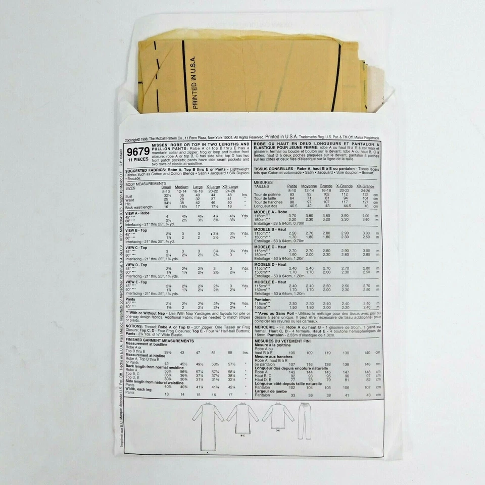 McCalls 9679 Misses Robe Top Pants Sewing Pattern Size 16-18 Uncut Mandarin  - Image 3 of 4