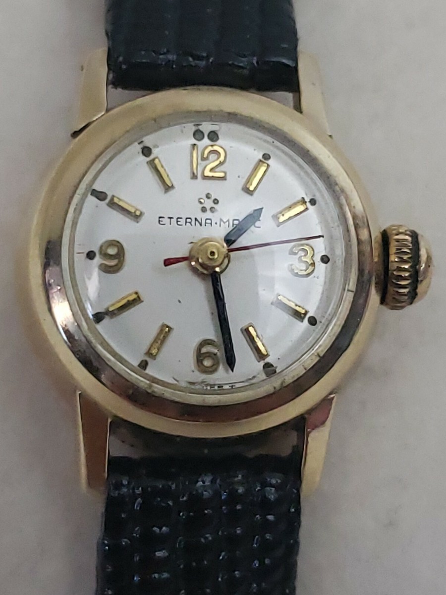 Eterna Matic Womens Solid 14K Yellow Gold Watch Brown Leather