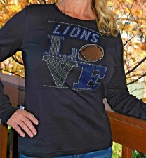 Lions LOVE football rhinestone bling shirt XS S M L XL XXL 1X 2X 3X 4X 5X
