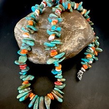 Green Turquoise Orange Spiny Oyster Nugget Sterling Silver Necklace 22  18162