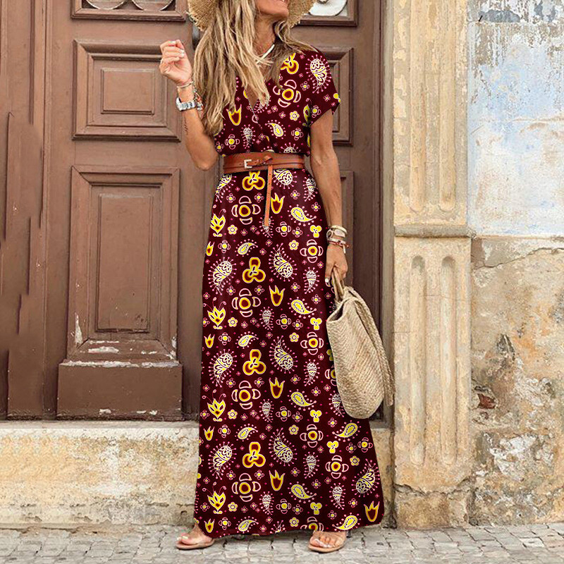 bohemian casual print v neck waist wrap long dress Elegant V-neck Boho Chic Floral Print Dress | Open Back Summer Dress | Wedding Guest Dress | Long Maxi Dress | Kimono Dress | Kaftan Dress