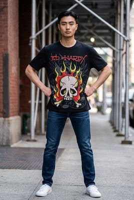 Ed Hardy Rhinestone Flaming Skull T shirt XL