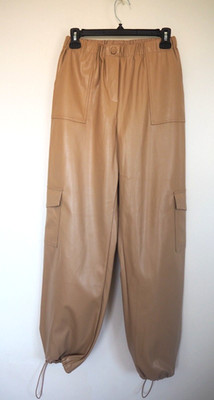 Tan Faux Leather Sz 6 Wide Leg Adjustable Jogger Cargo Pull On Vegan Pants NEW