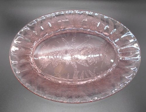 Jeannette Floral/Poinsettia Pink Depression Glass Plate Oval Serving Platter