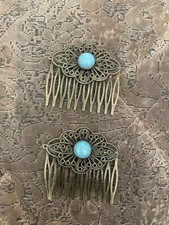  2 Blue Turquoise Cabochon Vintage Bronze Filigree Hair Combs
