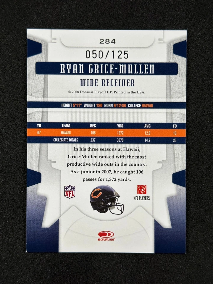 2008 Leaf Limited Spotlight Phenom Bronze #284 Ryan Grice-Mullen RC /125 Bears - Image 2 of 2