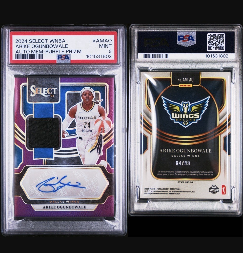 2024 POP 1⭐️ARIKE OGUNBOWALE⭐️PANINI SELECT WNBA⭐️AUTO⭐️PURPLE PRIZM⭐️/99⭐️PSA 9 view 3