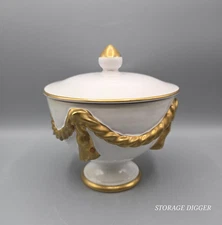 Vintage Ceramic Pedestal Bowl with Lid and Gold Swag Embellishments Italy 7.75″