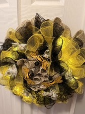 Handmade Bee Themed Mesh Wreath Yellow Black Spring Door Decoration
