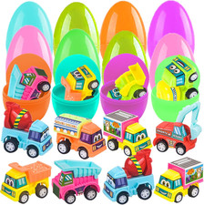 Prefilled Plastic Easter Eggs Filled with Pull-Back Engineering Vehicles, 12Pack