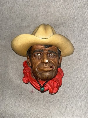 VTG Bossons Chalkware Head RAWHIDE 1967 Figure Sculpture Wall Art MCM Cowboy
