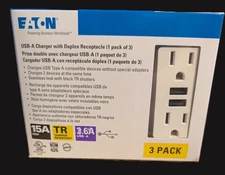 Eaton TR7765W-3-LW USB-A Charger Duplex Receptacle | 15A | White | New | 3 Pack!