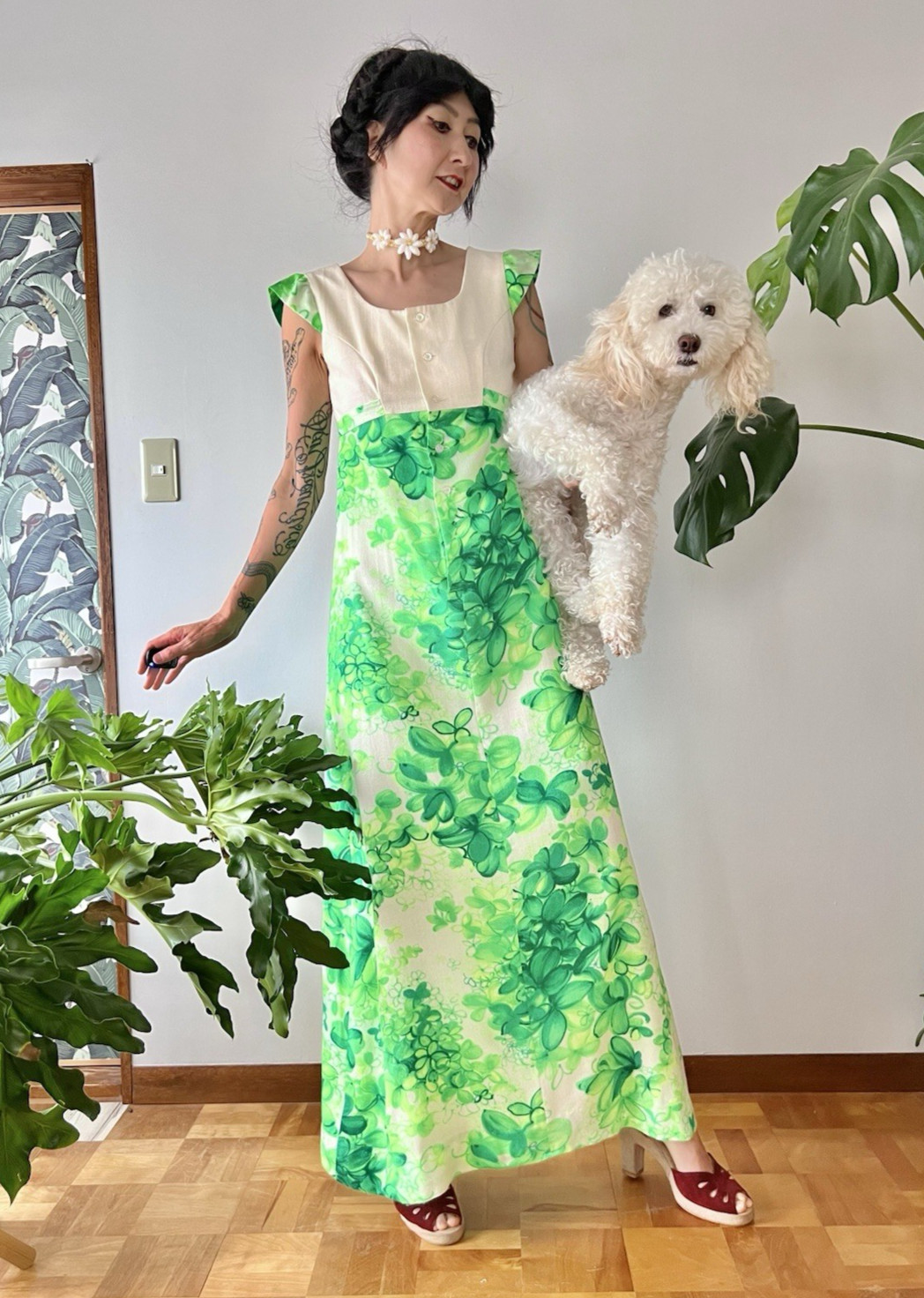 1960s 70s Hawaiian Barkcloth Maxi Dress Green Tropica… - Gem