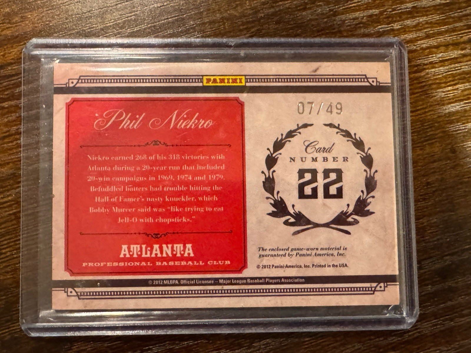 PHIL NIEKRO 2011 Prime Cuts Colossal Game-Used Jersey #22 Braves HOF'er #d /49 view 2