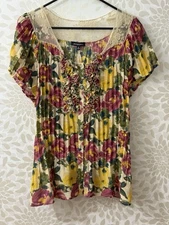 Notations Women’s XL Boho Floral Pleated Lace Ruffle Detail Blouse Top