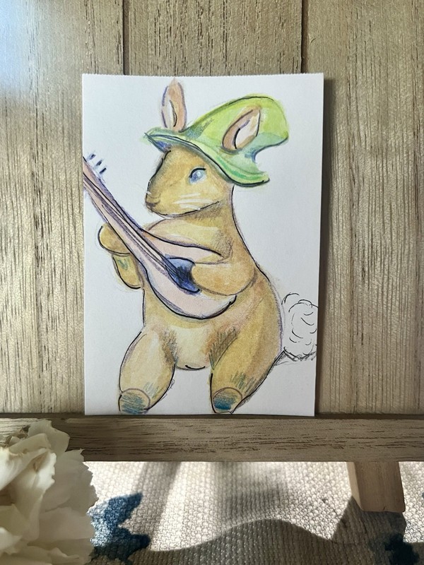 ACEO Original Bunny Playing Guitar Whimsical Animal Art Watercolor 