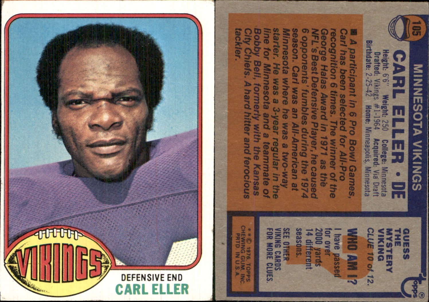 Carl Eller 1976 Topps #105 Card Minnesota Vikings *AutographDen*